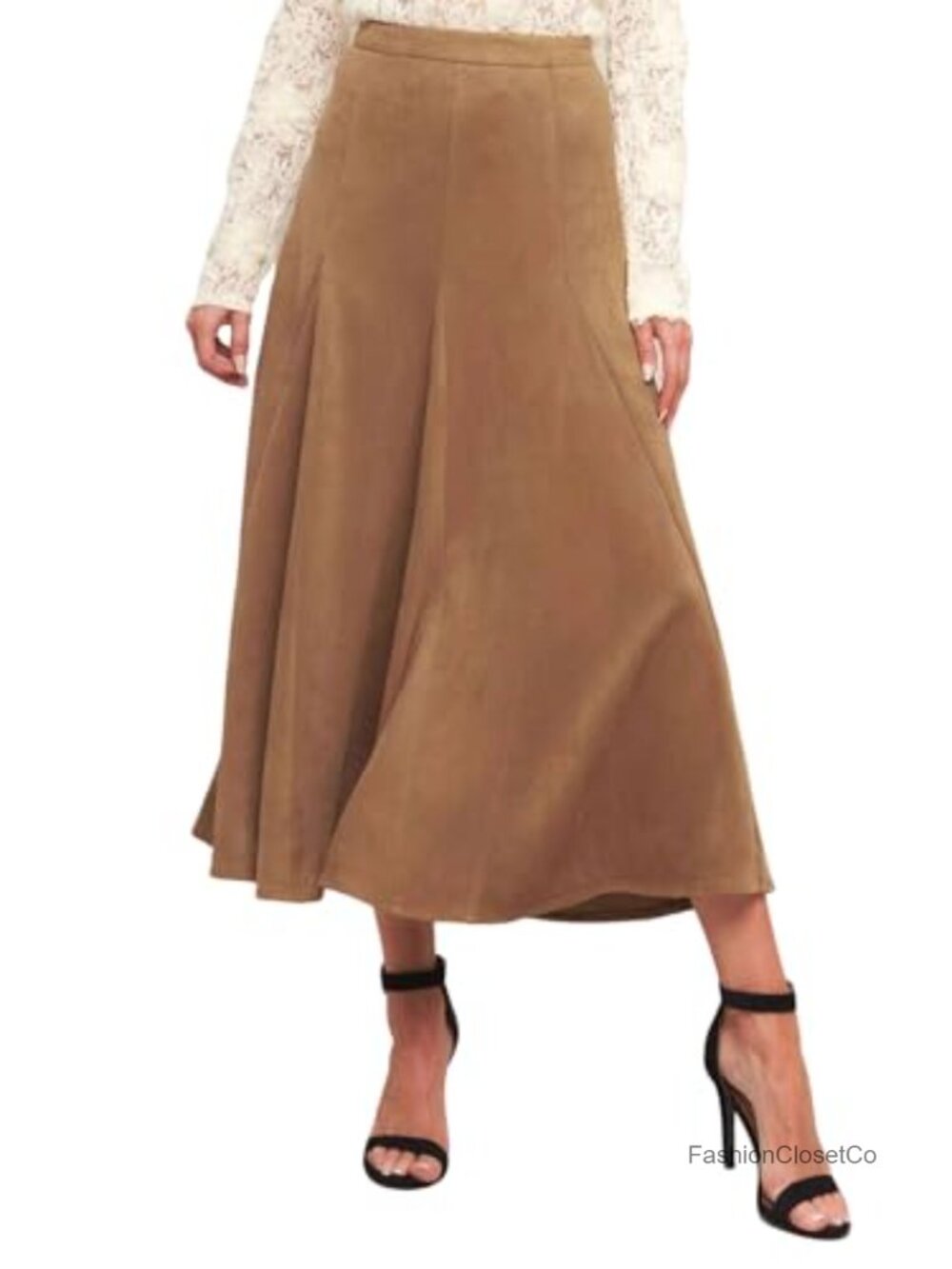 Faux Suede A-Line Midi Skirt High Waisted Flared Fall Winter